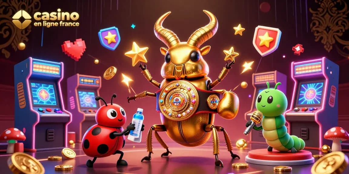 Illustration 3D animée représentant le casino en ligne France avec un scarabée géant et des éléments de jeu vidéo.