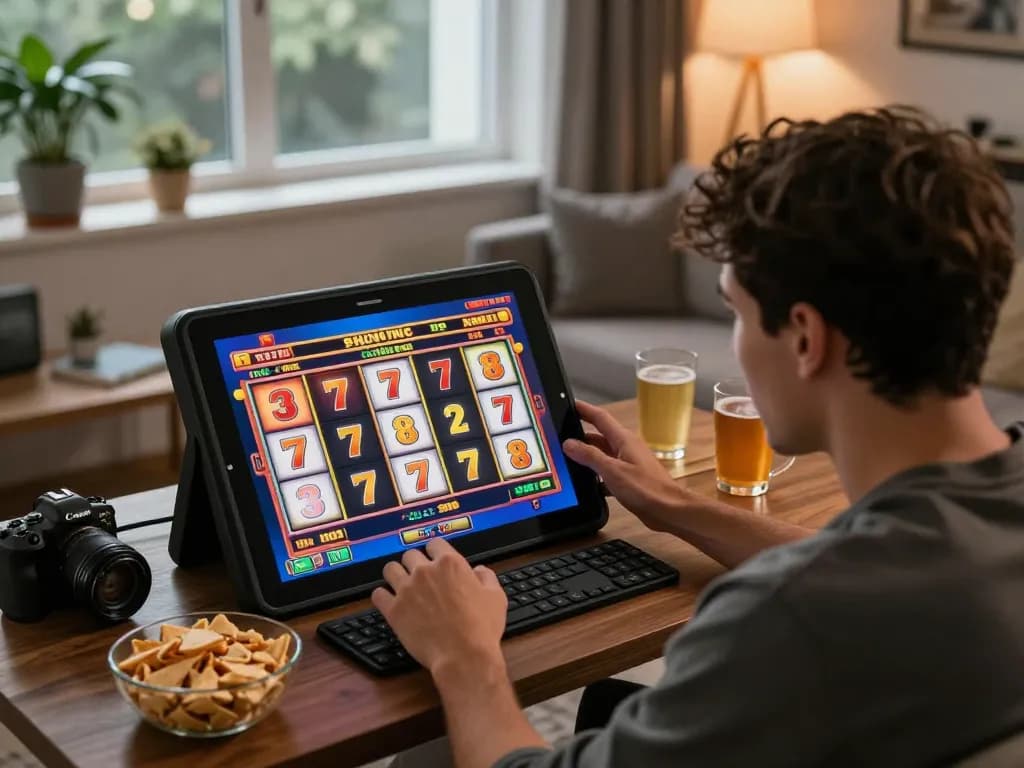 Player enjoying a thrilling moment on slot777 game in a cozy home setting with snacks and warm lighting.
