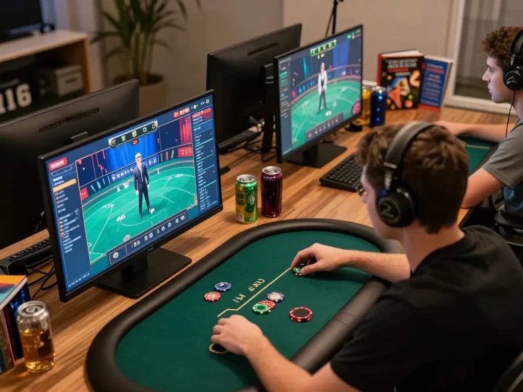 Player engaging in strategic online poker gameplay on multiple screens at home, showcasing the 32win platform