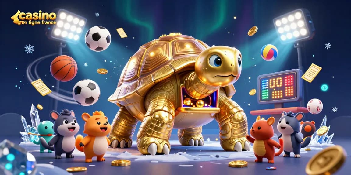 Illustration dynamique d'un casino en ligne France avec tortue arcade et personnages amusants.