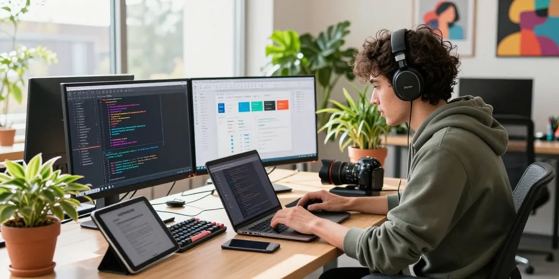 Developer working on 纸飞机下载 in a vibrant co-working space with modern tech.