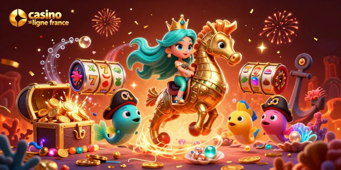 Visuel dynamique du casino en ligne France avec une sirène et un hippocampe au centre.