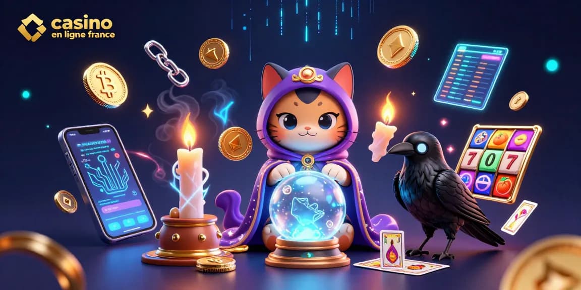 Illustration dynamique illustrant le casino en ligne France avec une mystique, un corbeau, et des éléments de jackpot.