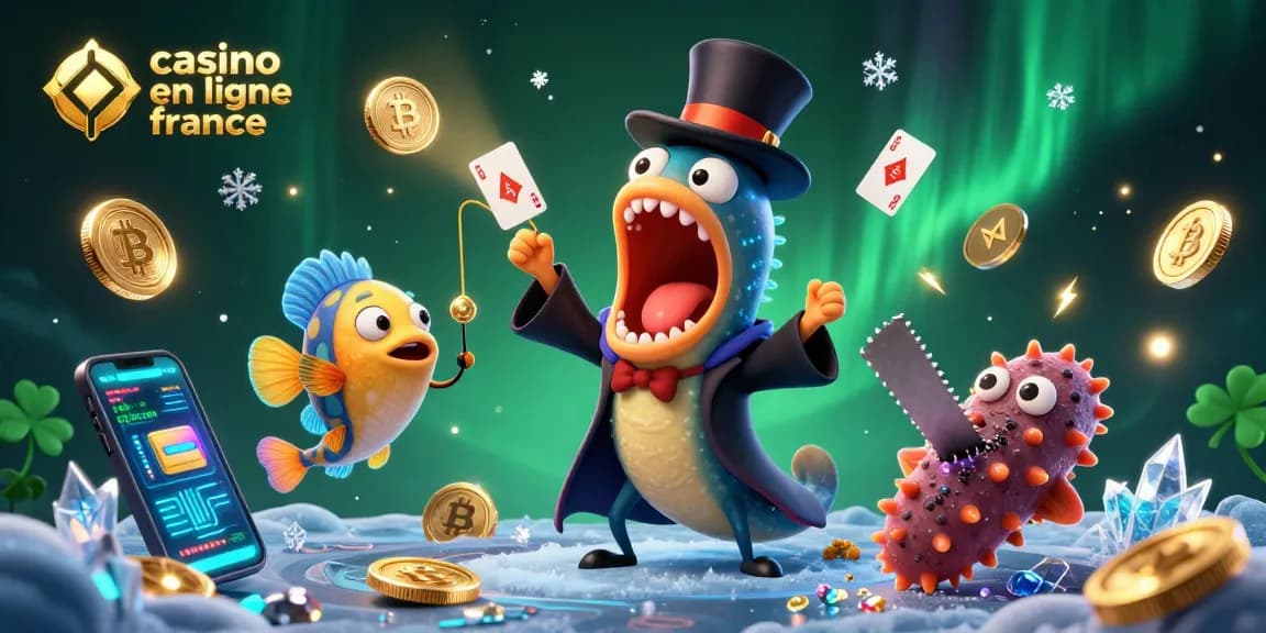 Découvrez une scène dynamique de casino en ligne France avec des personnages marins et des pièces de crypto-monnaie.