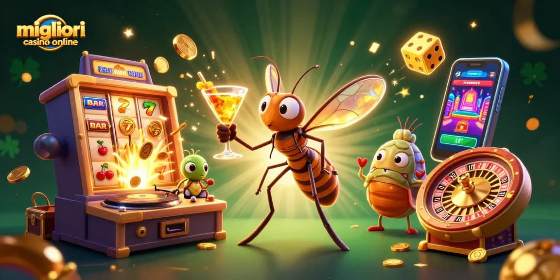 Gioca nei migliori casino online con l'illustrazione di un moscerino in ambra e un DJ trilobite.