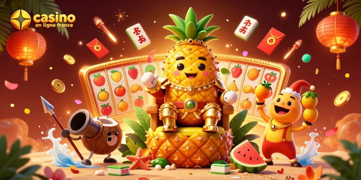 Image dynamique mettant en scène le roi ananas, dans un casino en ligne France, entouré de symboles de jeu