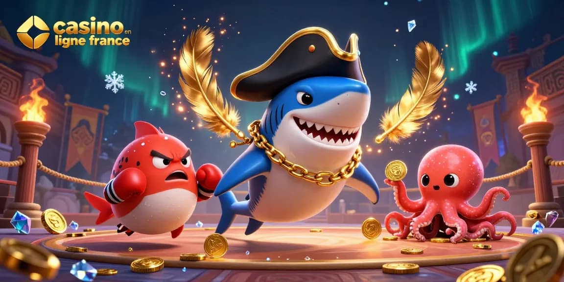 Découvrez un univers de casino en ligne France avec un requin pirate et de l'argent en or.