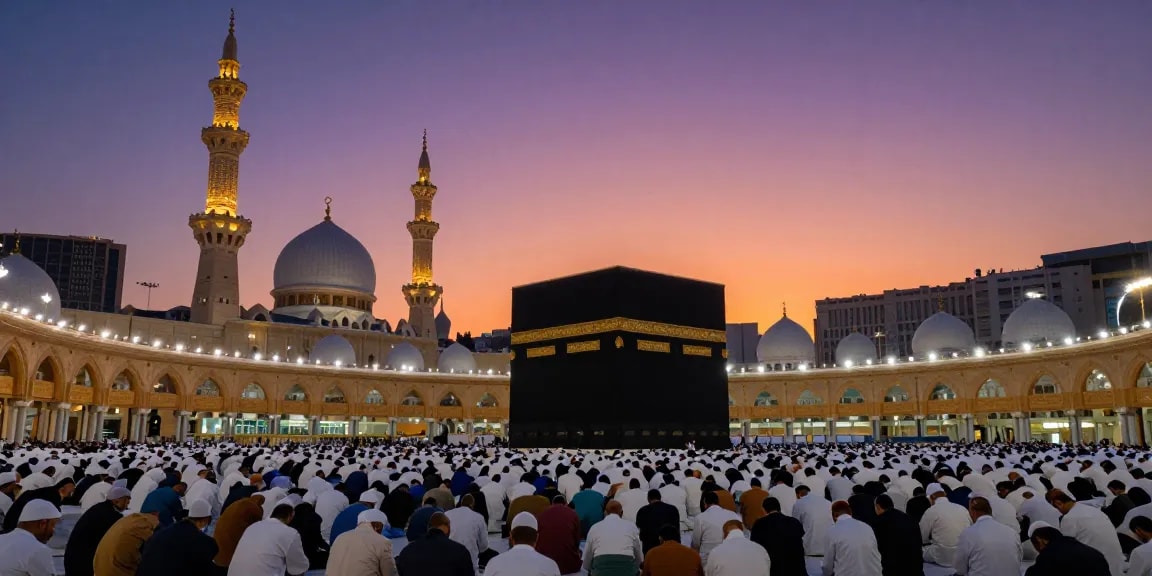Experience the breathtaking atmosphere of Umroh Full Ramadhan at Masjidil Haram with thousands of worshipers embracing spirituality.