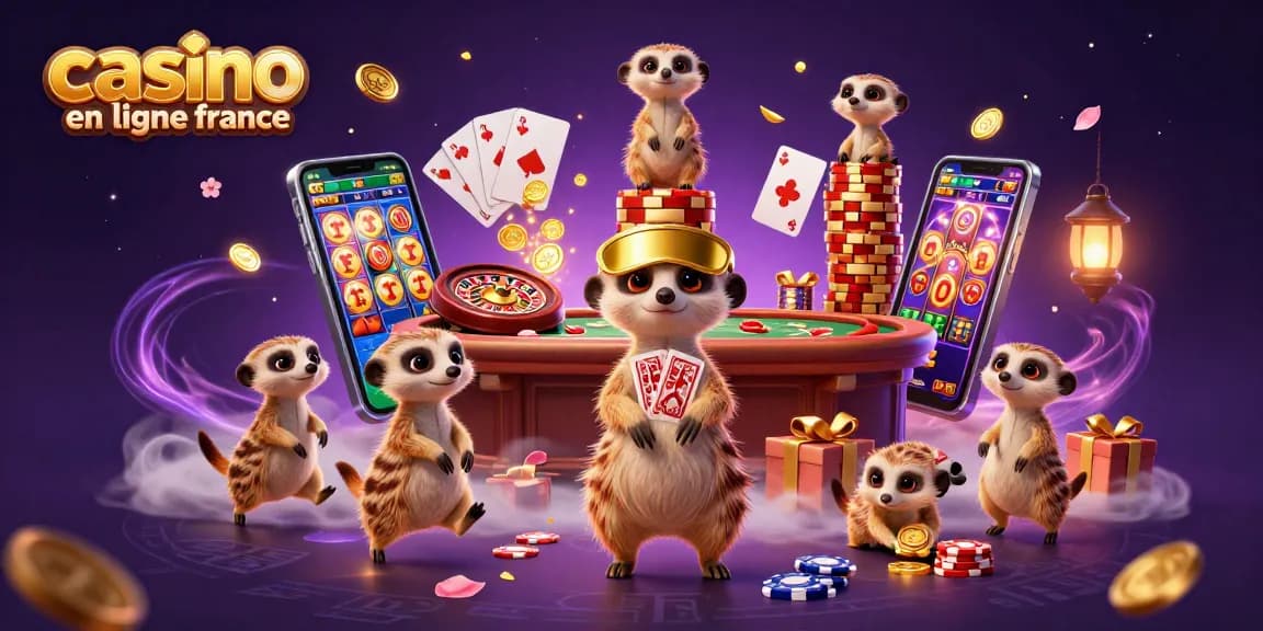 Les meerkats organisent un casino en ligne France avec des jeux et des jetons colorés.