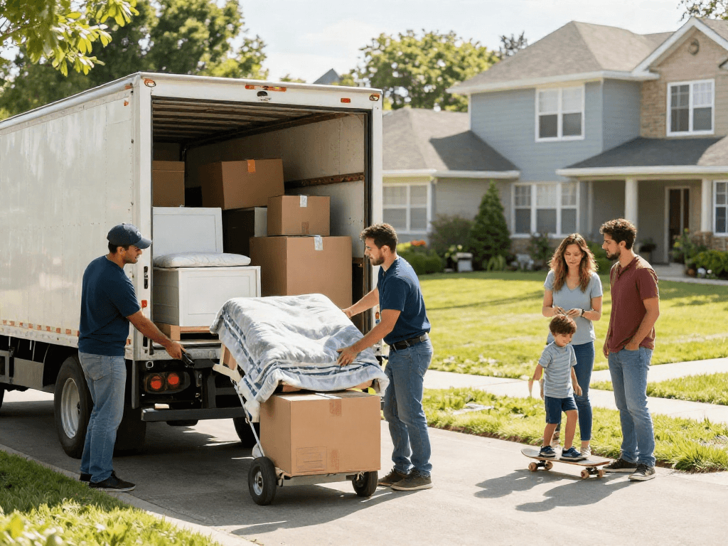 Efficient moving company team loading a truck with furniture and boxes in a sunny neighborhood.