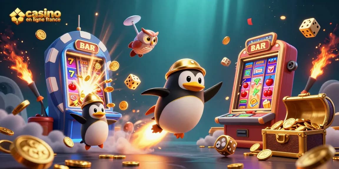 Plongez dans l'univers du casino en ligne France avec notre illustration captivante d'un pingouin doré propulsé par une fusée.