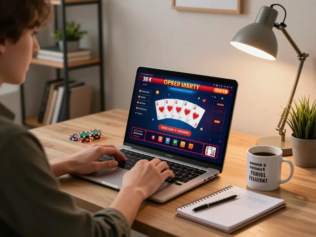Player enjoying a poker game on vipwin's online casino interface from a cozy home office.