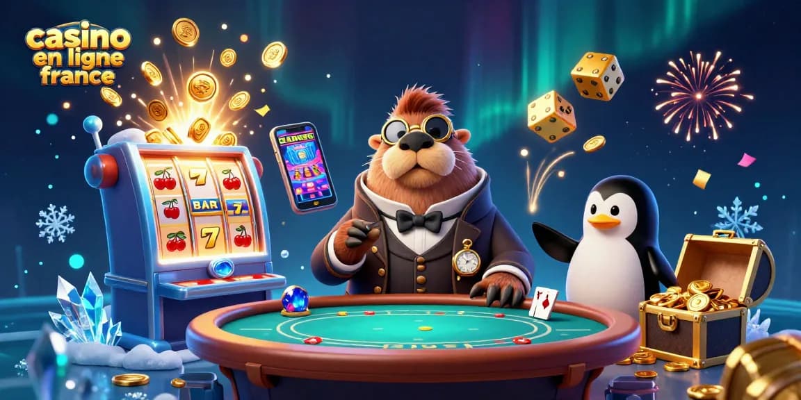 Le casino en ligne France est représenté par une scène animée avec un morse, un pingouin et un poisson-globe jouant à des jeux de société sous la mer.