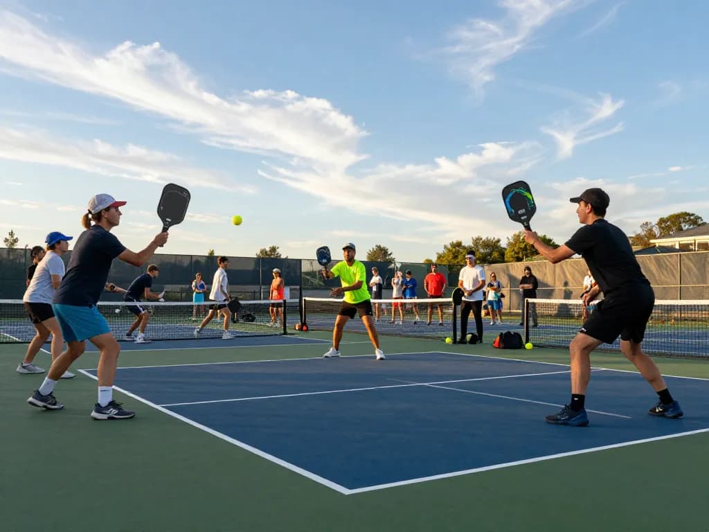 Players using the best pickleball paddles on a sunny court, showcasing different styles and paddle types.