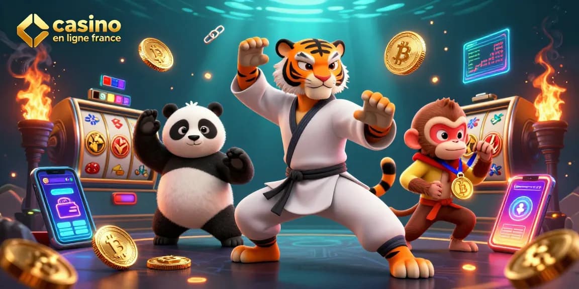 Illustration dynamique de casino en ligne France avec un tigre kung-fu, un panda et un singe, mettant en scène des éléments de jeu.
