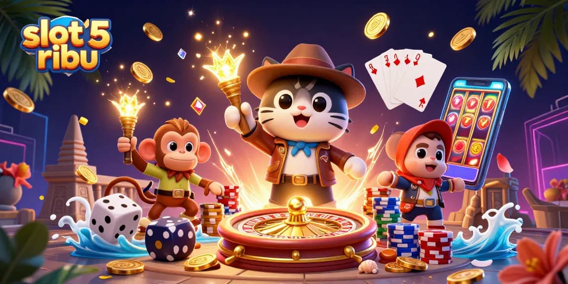 Experience thrilling action with slot 5 ribu as cartoon characters unveil casino treasures in a vibrant scene.