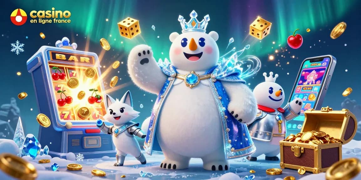 Illustration de casino en ligne France avec un ours polaire royal et un renard en armure, entourés de machines à sous