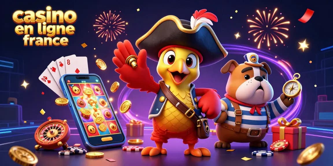 Vue dynamique d'un pirate, bulldog et chat dans un casino en ligne France, entourés d'éléments de jeux.