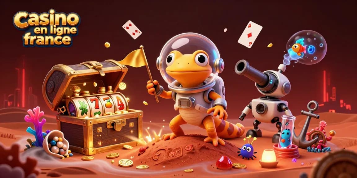 Illustration d'un gecko martien et son rover découvrant un casino en ligne France avec des éléments de jeu scintillants.