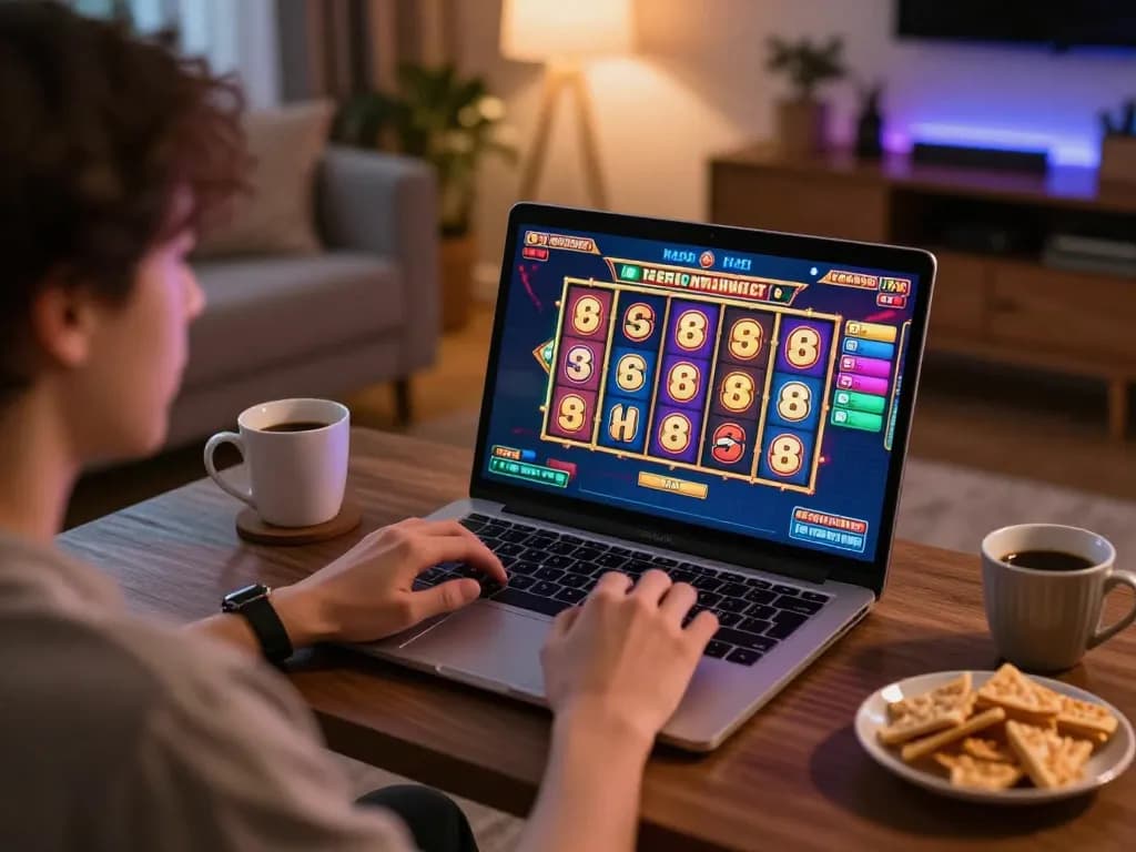 Player engaging in thrilling slot game action on laptop, surrounded by cozy home environment.
