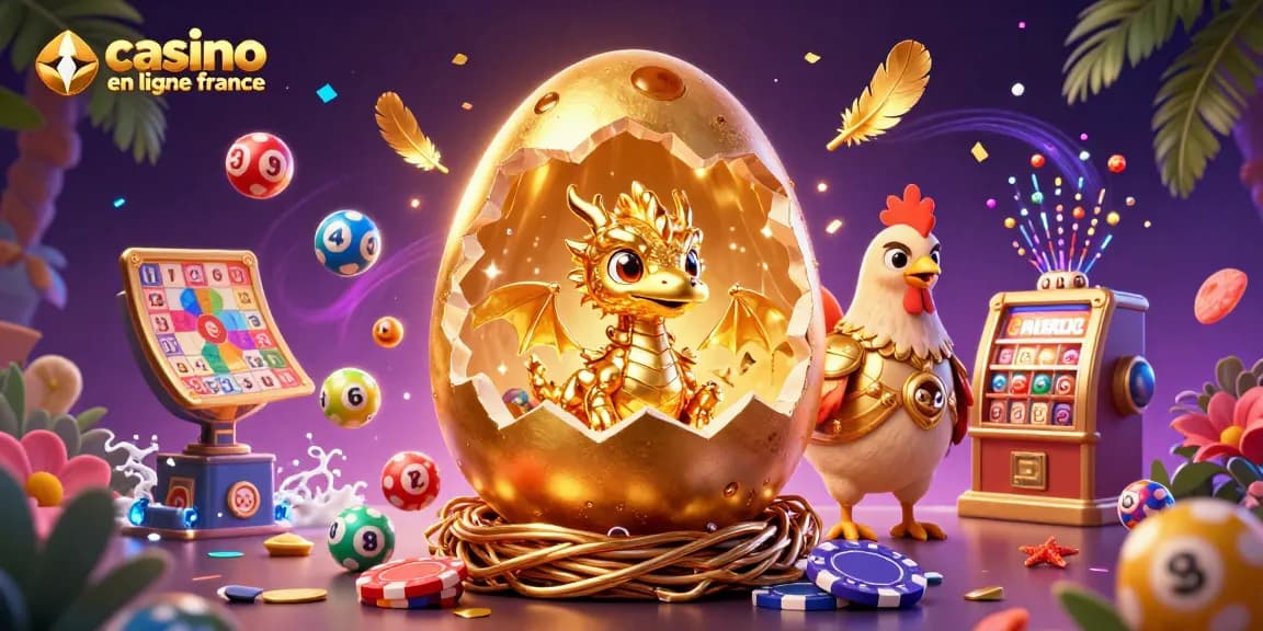 Illustration dynamique de l'univers du casino en ligne France avec un dragon doré et des éléments de loterie