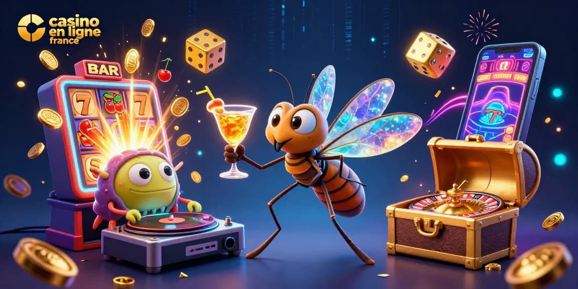 Illustration dynamique de casino en ligne France avec des éléments de jeux et personnages captivants.