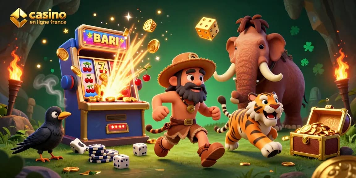 Casino en ligne France : un duo préhistorique animant un casino avec jeux éblouissants.