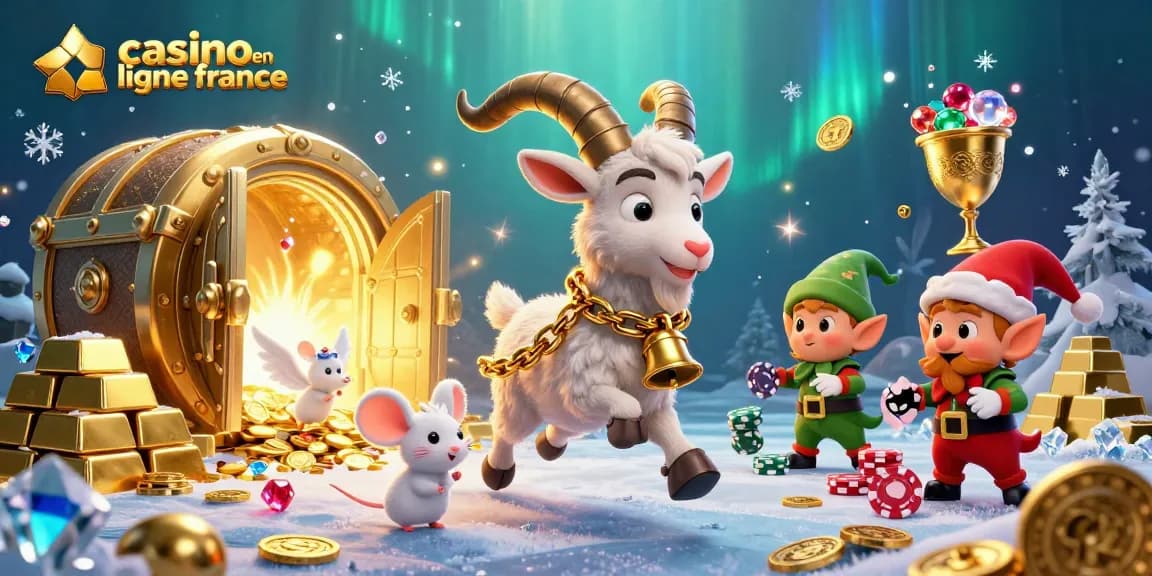 Plongez dans l'univers du casino en ligne France avec une illustration dynamique de Krampus, un petit ange, et des gremlins joueurs.