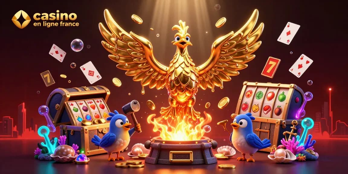 Illustration dynamique d'un phoenix doré en métal associée au casino en ligne France avec des pièces d'or, des symboles de jeu et des effets lumineux.