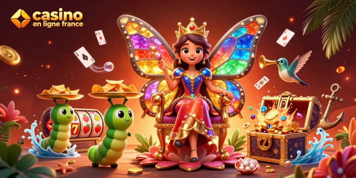 Célébrez le plaisir des jeux de casino en ligne en France avec une reine papillon fantastique entourée de symboles de machine à sous.