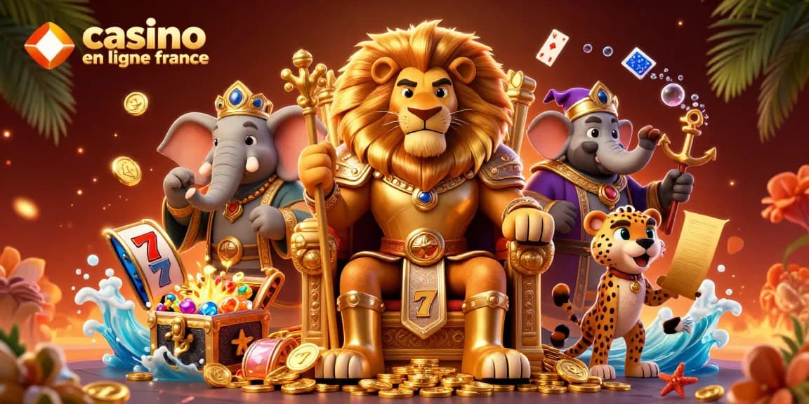 Illustration dynamique de casino en ligne France montrant un roi lion, un éléphant sage et un guépard messager entourés de machines à sous et de trésors.