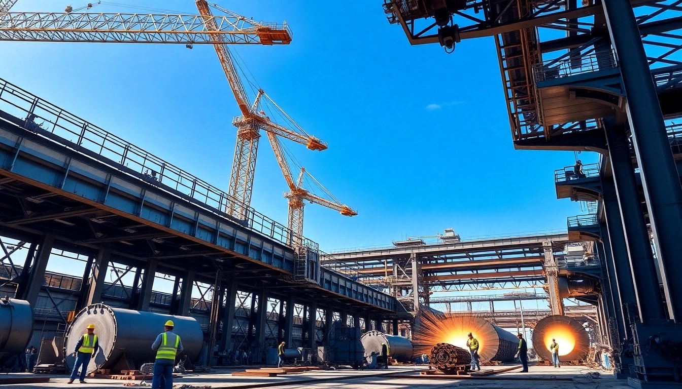 Workers forging steel beams in a modern steel mill, showcasing advanced industry operations.