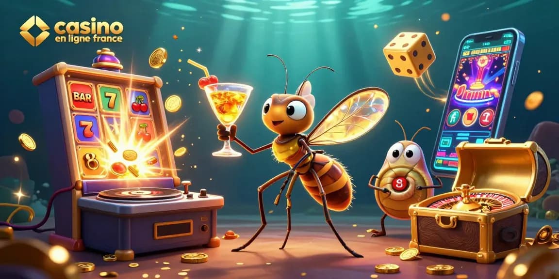 Visualisez l'univers captivant des jeux au "casino en ligne France" avec une scène animée de personnages ludiques.