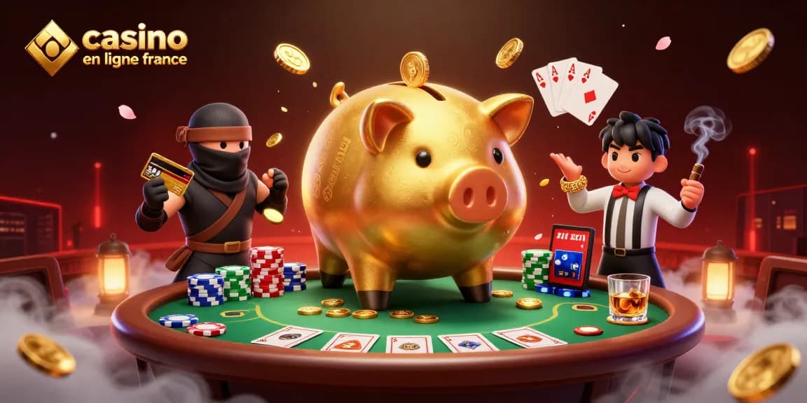 Illustration dynamique mettant en scène le casino en ligne France avec un sumo, un ninja et un samouraï dans un univers ludique.