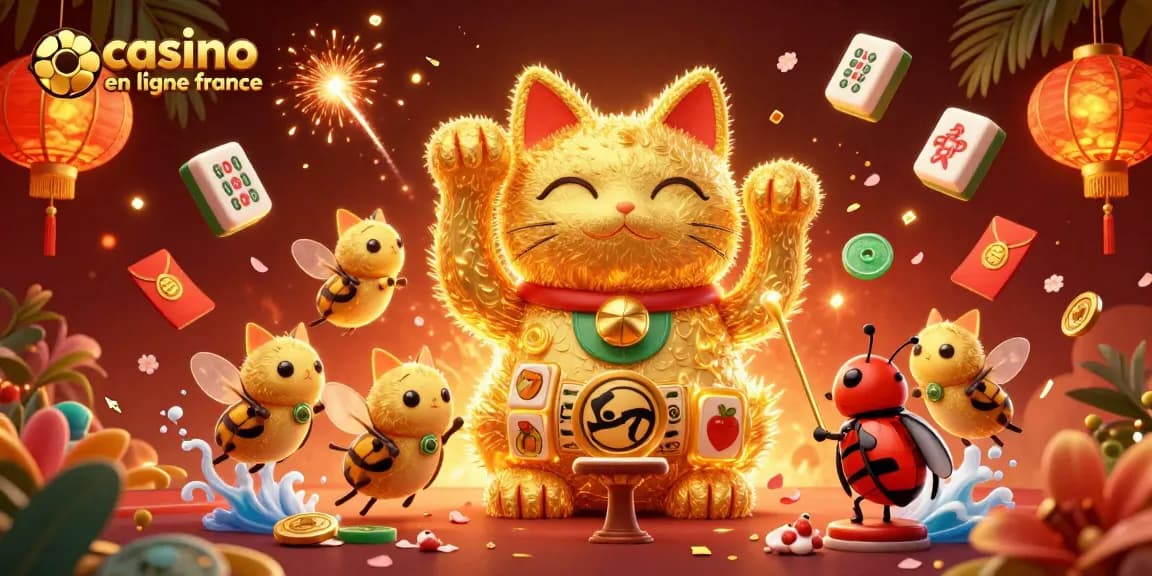 Visualisez le casino en ligne France avec un chat porte-bonheur en feuillage et des symboles dynamiques.