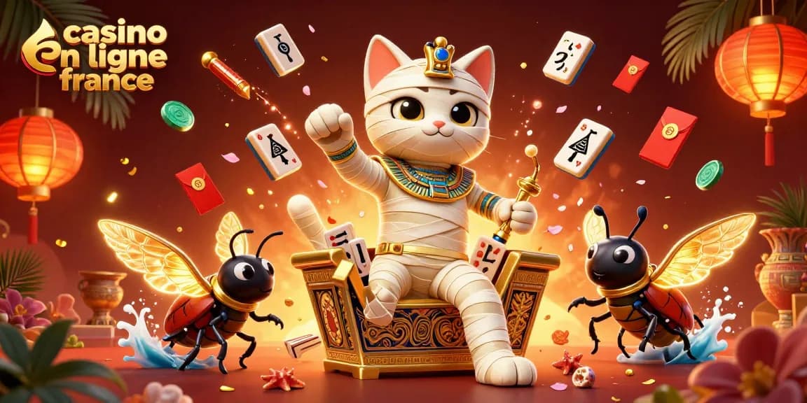Visualisez le chat momie égyptien au casino en ligne France, entouré de cartes et de jetons dorés.