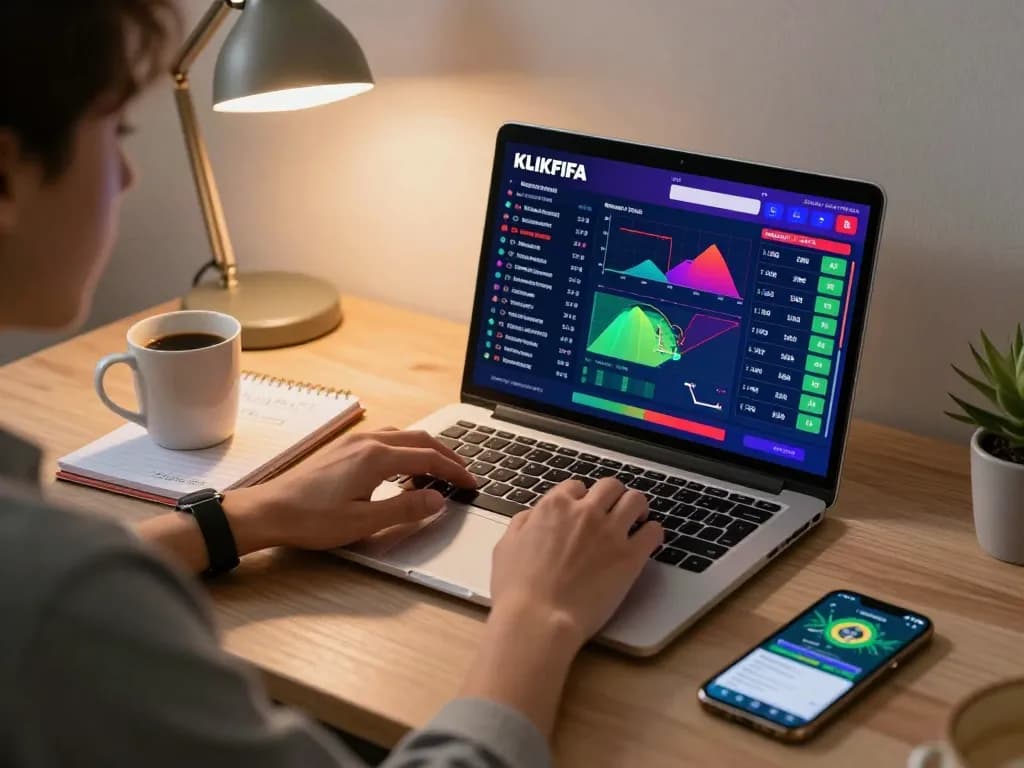 KLIKFIFA user analyzing live odds for sports betting at home with laptop and strategy notes