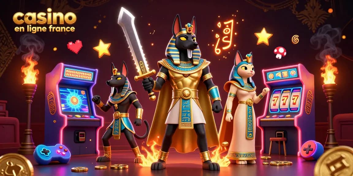 Jouez avec les symboles des jeux avec Anubis et Bastet dans ce casino en ligne France coloré.