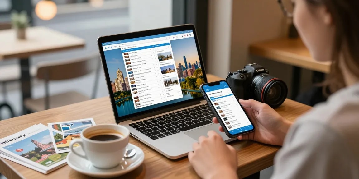Itinerary builder app in use at a cafe, showcasing modern travel planning.