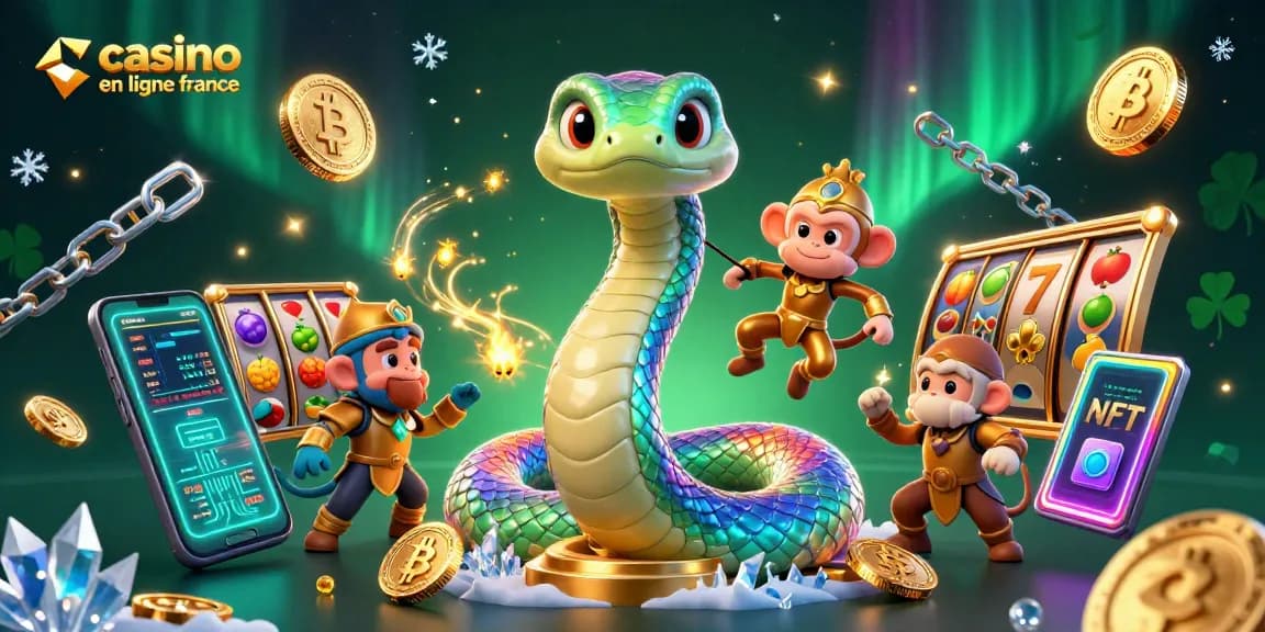Jouez avec le serpent arc-en-ciel au casino en ligne France tout en entouré de pièces de jeu.