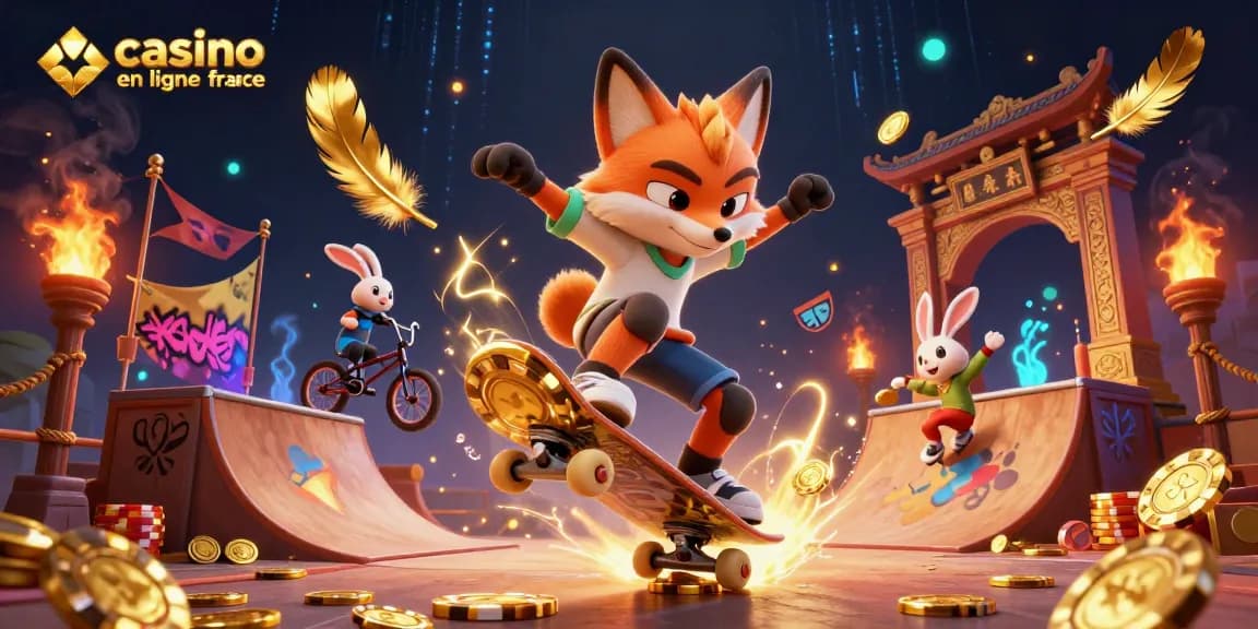 L'illustration dynamique de casino en ligne France avec un renard skateur et un lapin BMX au milieu de jetons et de symboles.