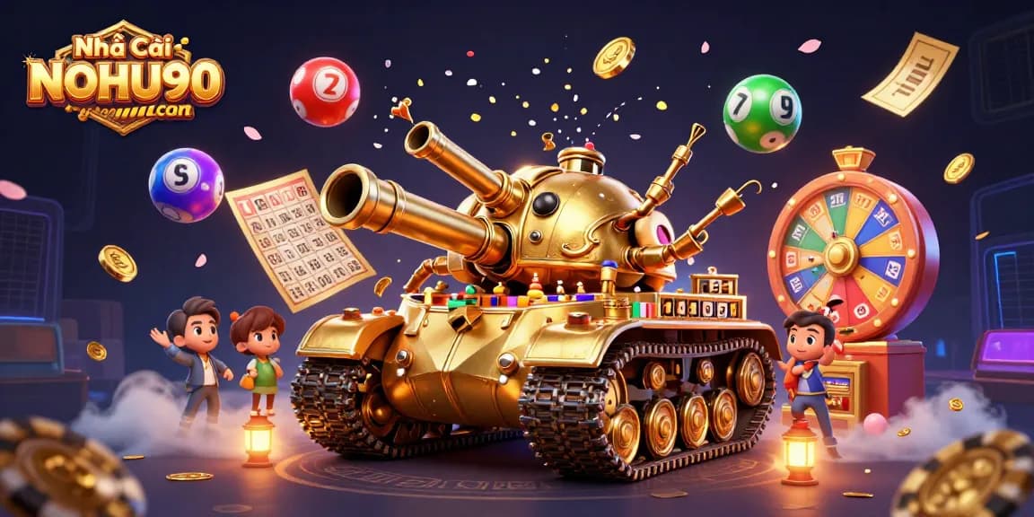Experience the excitement of Nhà Cái NOHU90 com through this vibrant 3D casino scene filled with colorful game elements.