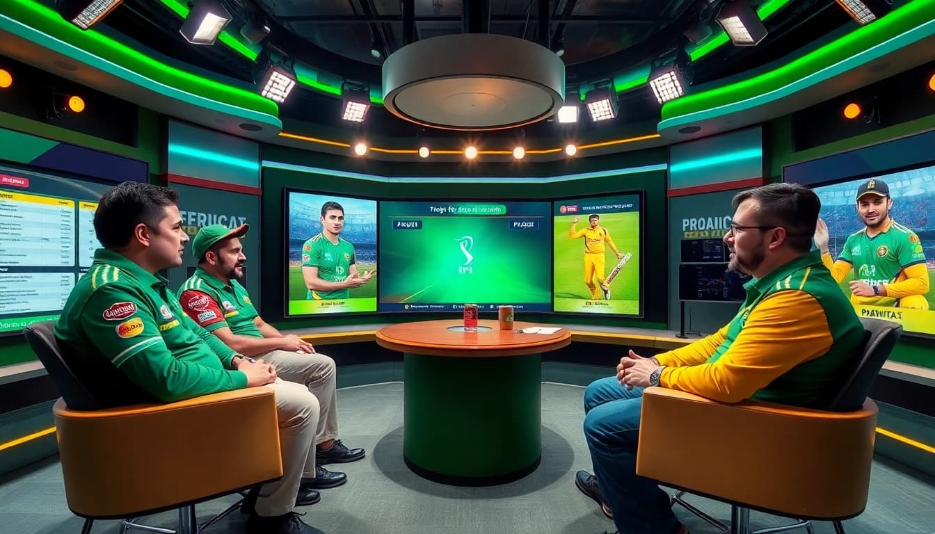 Experts analyzing the prediction of today IPL match in a dynamic sports studio.