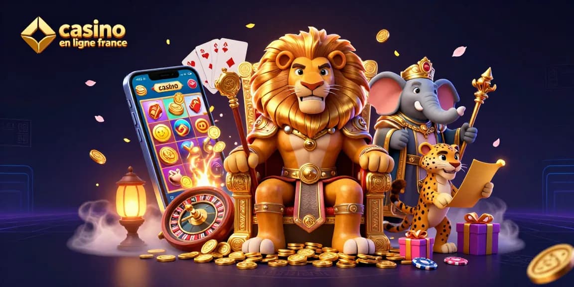 Jouer au casino en ligne France avec le roi lion et ses amis animaliers entourés de jeux d'argent fascinants.