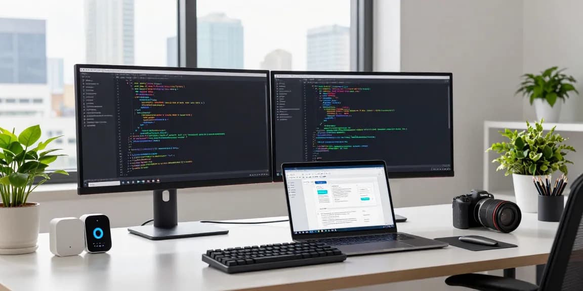 Developer coding at a modern workspace, representing the 纸飞机中文版官网.