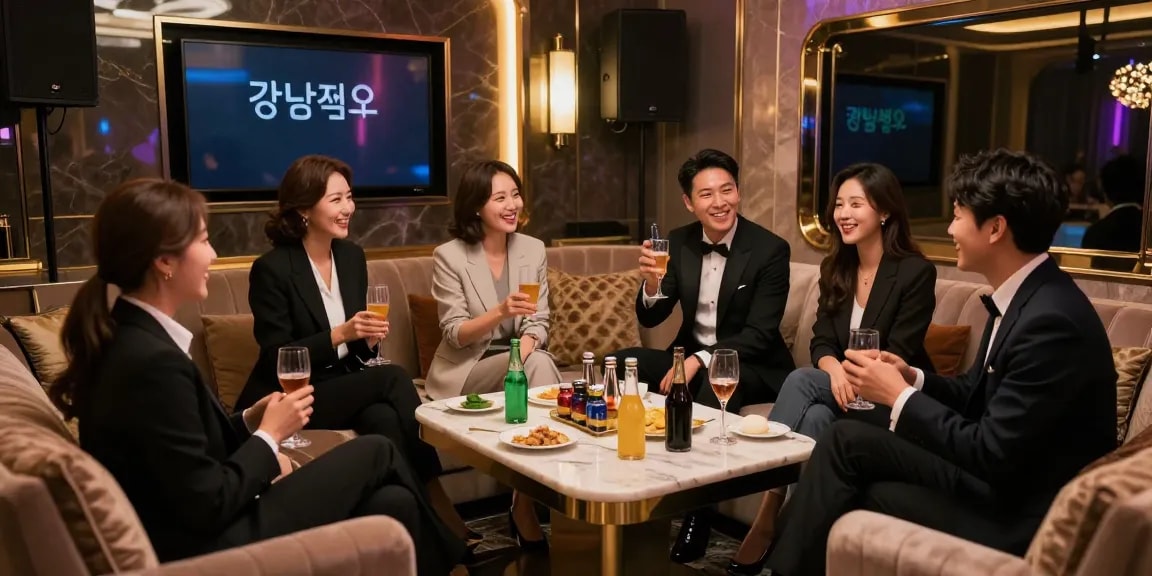 강남쩜오의 고급스러운 룸에서 친구들과 즐거운 대화를 나누는 모습