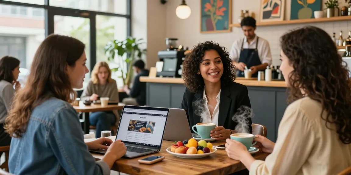 Dynamic coffee shop scene showcasing rokok88 experience with friends enjoying coffee and work.