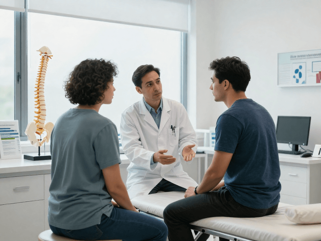 Orthopedic surgeon explaining Bel kayması ameliyatı options to a patient in a modern clinic.