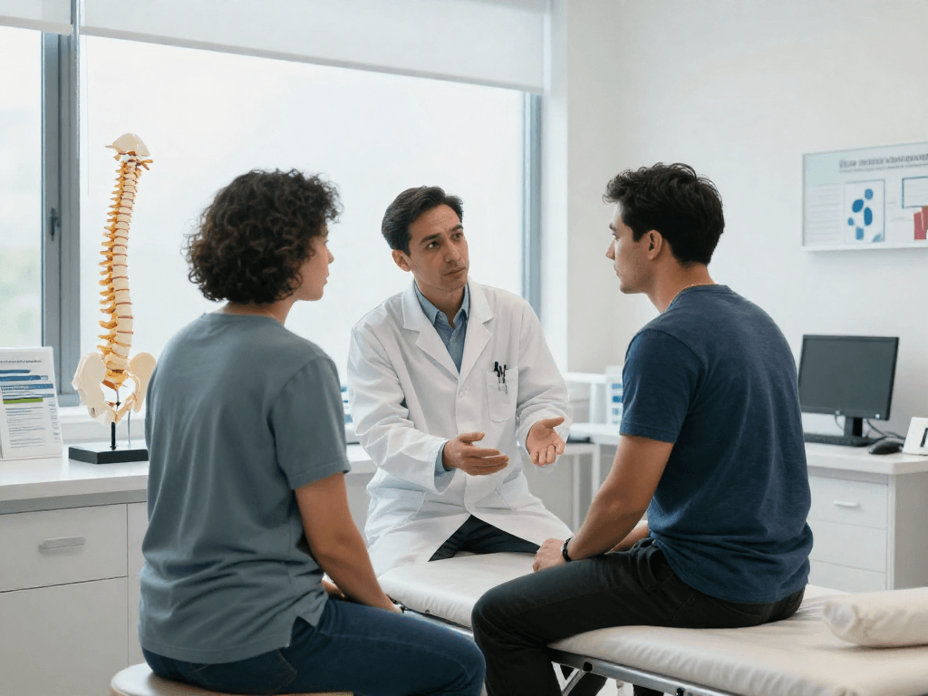 Orthopedic surgeon explaining Bel kayması ameliyatı options to a patient in a modern clinic.