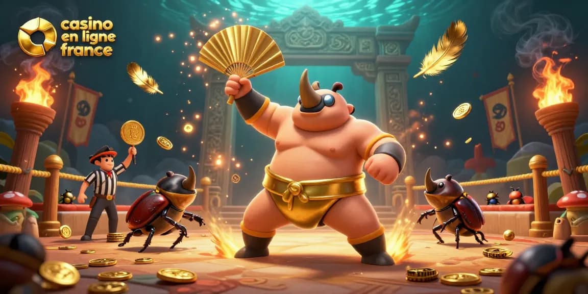 Illustration captivante des personnages de casino en ligne France, célébrant la victoire avec des pièces d'or volantes.